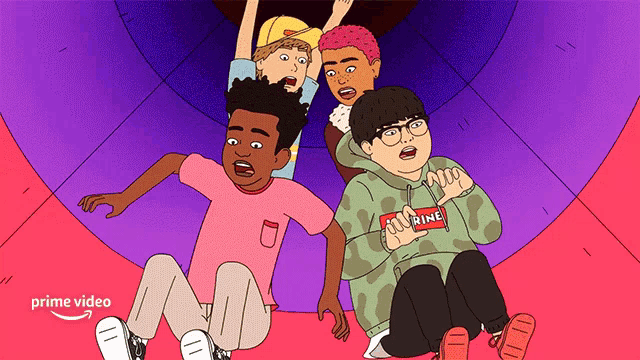 a cartoon of a group of people sitting on a slide with an arrow pointing to the right that says prime video