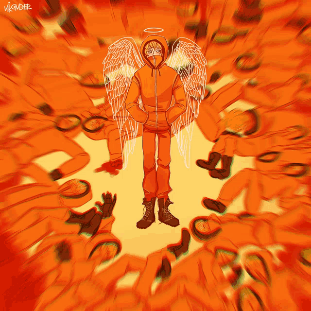 a drawing of a man with angel wings surrounded by orange people with the letters vk on the bottom left