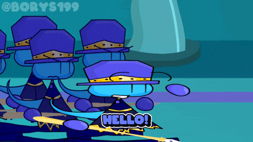 a cartoon character says hello in front of a bunch of blue soldiers