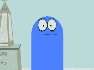 a blue cartoon character with white eyes and a red mouth
