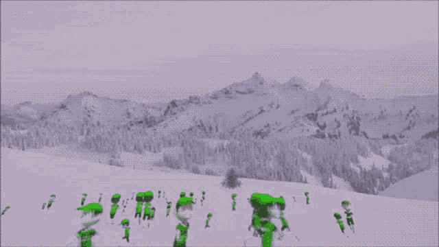 a helicopter is flying over snow covered mountains