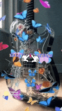 a guitar is surrounded by butterflies and flowers and has the words killjoy rishang on the bottom