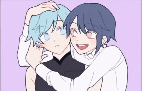 a couple of anime characters are hugging each other on a pink background .