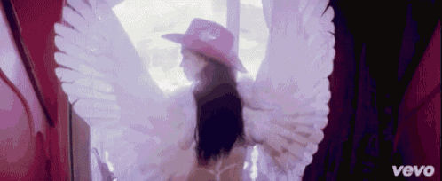 a woman wearing a pink cowboy hat and white wings is standing in a room .