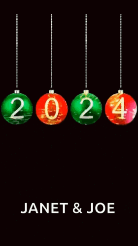 a happy new year greeting card with christmas ornaments and the name janet and joe