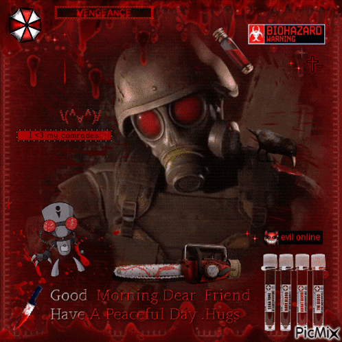 a picture of a man with a gas mask and a biohazard warning sign