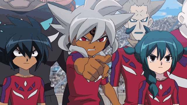a group of anime characters are standing together and one of them points at the camera