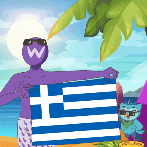a cartoon character holding a greek flag