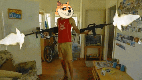 a doge wearing a red tank top is holding two guns in a room