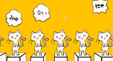 a group of black and white cats standing on boxes with speech bubbles that say ' r ' and ' m '