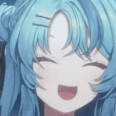 a close up of a blue haired anime girl smiling with her mouth open .
