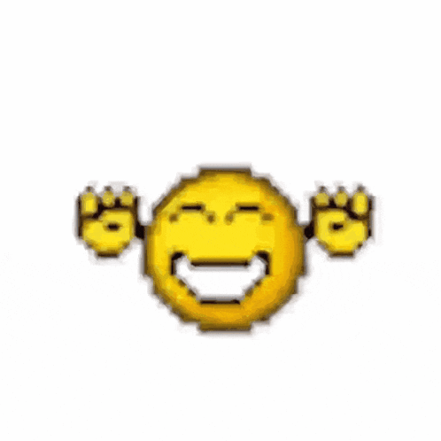 a pixel art of a laughing smiley face with arrows pointing to it 's eyes and mouth .