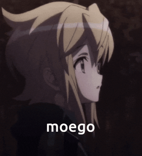 a picture of a blonde anime girl with the word moego on the bottom right