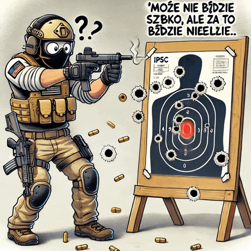 a cartoon of a man holding a gun next to a target that says ip sc