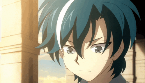 a close up of a person 's face with blue hair and white stripes