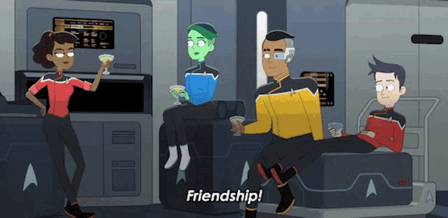 a cartoon of a group of people with the word friendship at the top