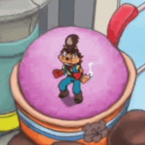 a cartoon character is standing on top of a pink ball holding a cigarette .