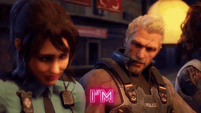 a man in a police uniform says i 'm while standing next to a woman