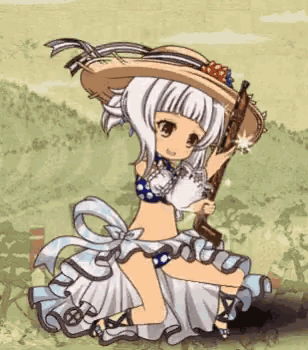 a girl in a bikini is holding a gun and a fan