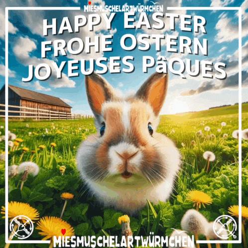 a picture of a rabbit in a field with the words happy easter frohe ostern joyeuses paques above it