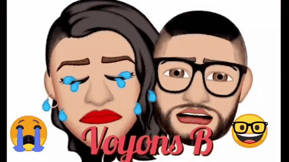 a man and a woman with tears in their eyes and the words vayons b