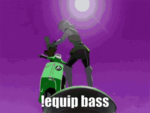a purple background with a green scooter and a man holding a sword with the words equip bass written on it .
