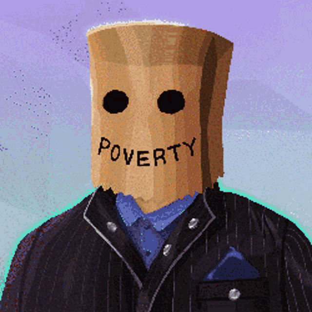 a man in a suit has a paper bag over his head that says poverty