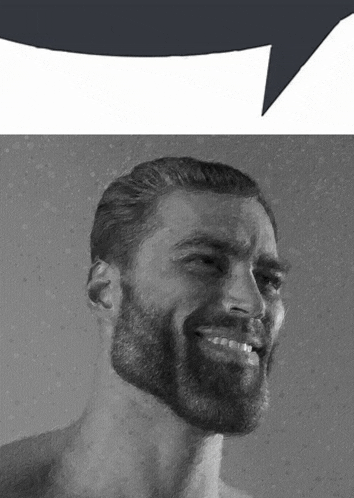 a man with a beard is smiling with a speech bubble in the background