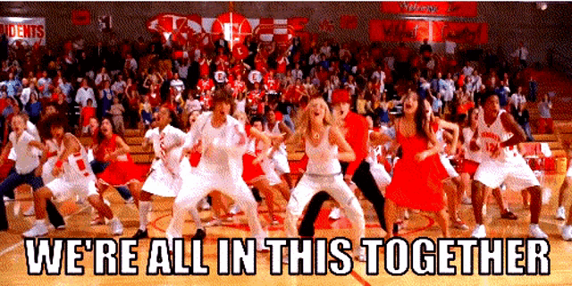 a group of people are dancing in a gym with the words " we 're all in this together " below them