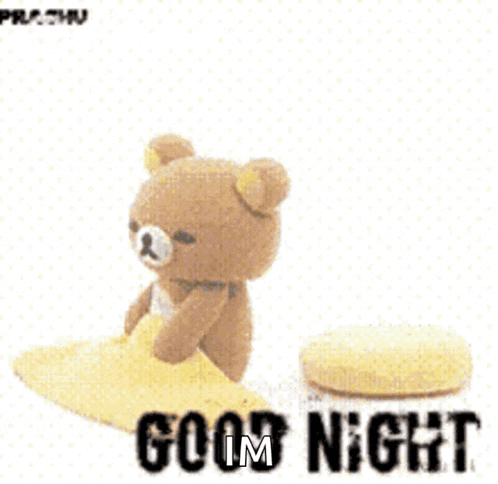a teddy bear laying on a pillow with the words good night written below it