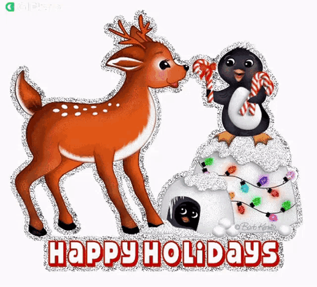 a penguin holding candy canes next to a reindeer with the words happy holidays