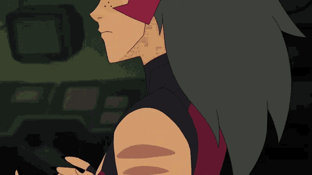 a close up of a cartoon character 's face and shoulder