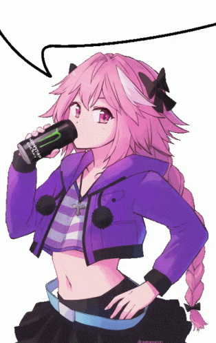 a girl with pink hair is drinking a can of monster energy drink