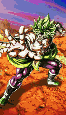 a cartoon character with green hair and purple pants is standing in the desert