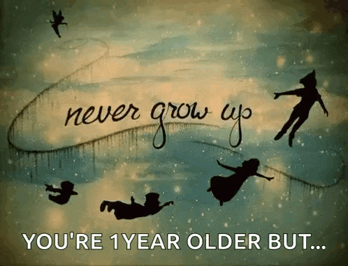 a picture of peter pan and tinkerbell with the words never grow up you 're 1 year older but ..