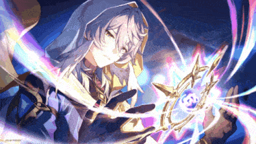 a drawing of a girl with long white hair holding a circle