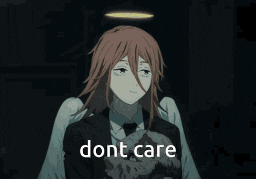 a picture of a girl with long hair and the words " dont care " on the bottom