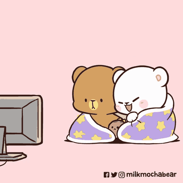 a cartoon of two teddy bears sitting in front of a television with a jar of cookies in the background