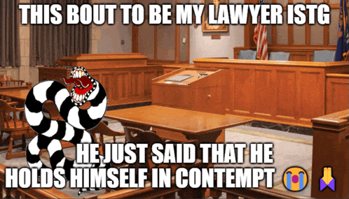 a cartoon of a snake in a courtroom with the caption this bout to be my lawyer istg