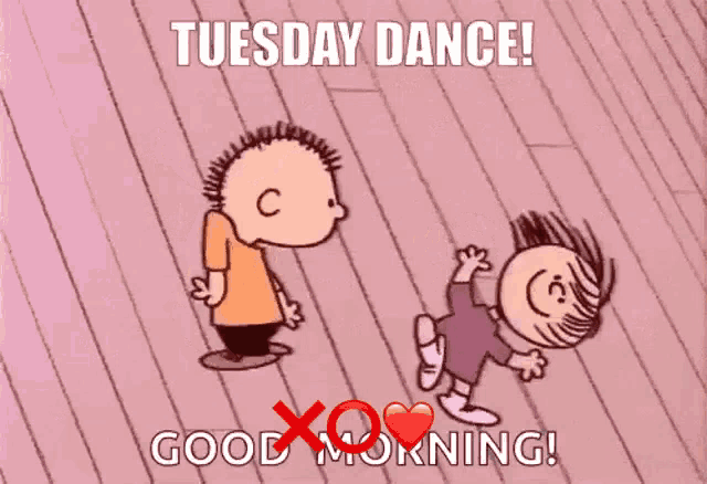a cartoon of a boy and a girl saying tuesday dance