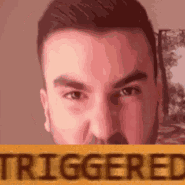 a man with a beard is holding a yellow sign that says triggered .