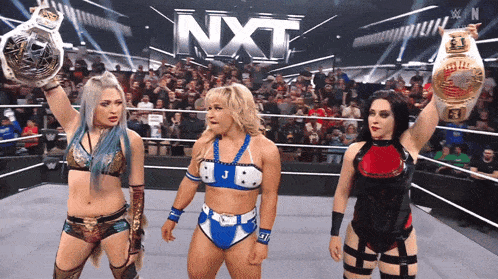 three women are standing in a wrestling ring with nxt written on the wall behind them