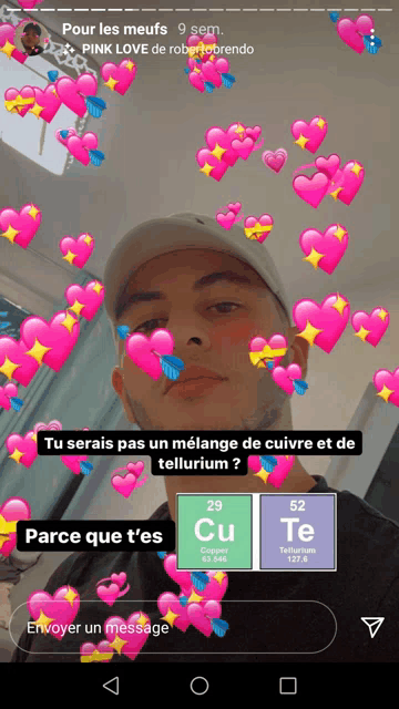 a man is surrounded by pink hearts and a periodic table of tellurium