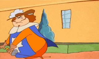 a cartoon character is kneeling down in front of a window and holding a sword