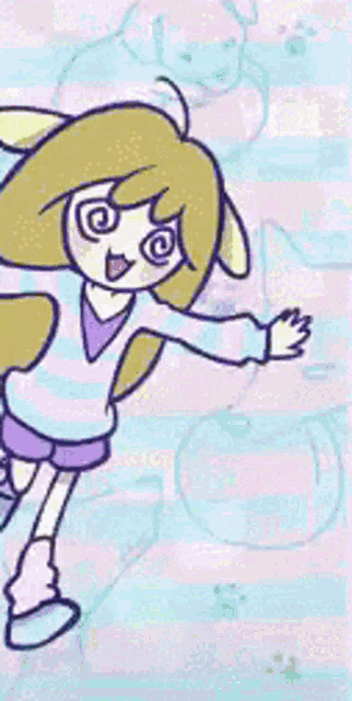 a cartoon girl with long blonde hair is standing in front of a checkered wall .