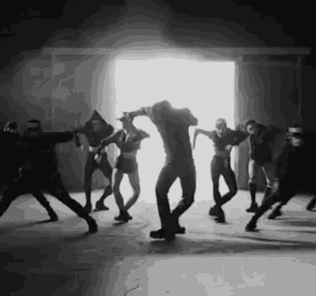 a group of people are dancing in a dark room .