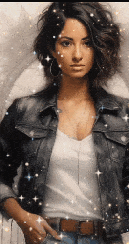 a woman wearing a leather jacket and a white shirt is surrounded by stars