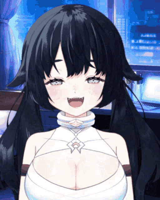 a girl with black hair and a white top is smiling with her mouth open