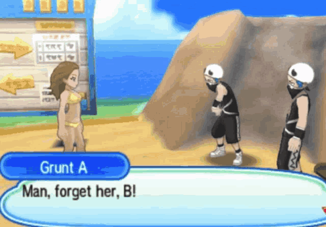 a video game character named grunt a is talking to a woman in a bikini