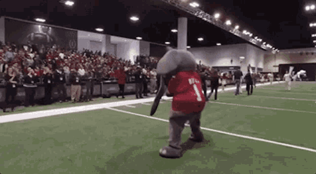 an elephant mascot wearing a red shirt with the number 1 on it is dancing on a football field .
